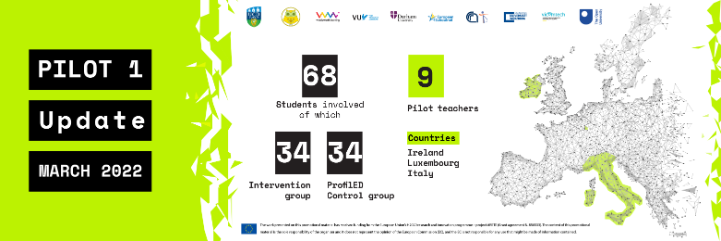 Results from Pilot 1: 68 students involved, of which 34 are intervention group and 34 prolivED control group, 9 pilot teachers and 3 counties involved.
